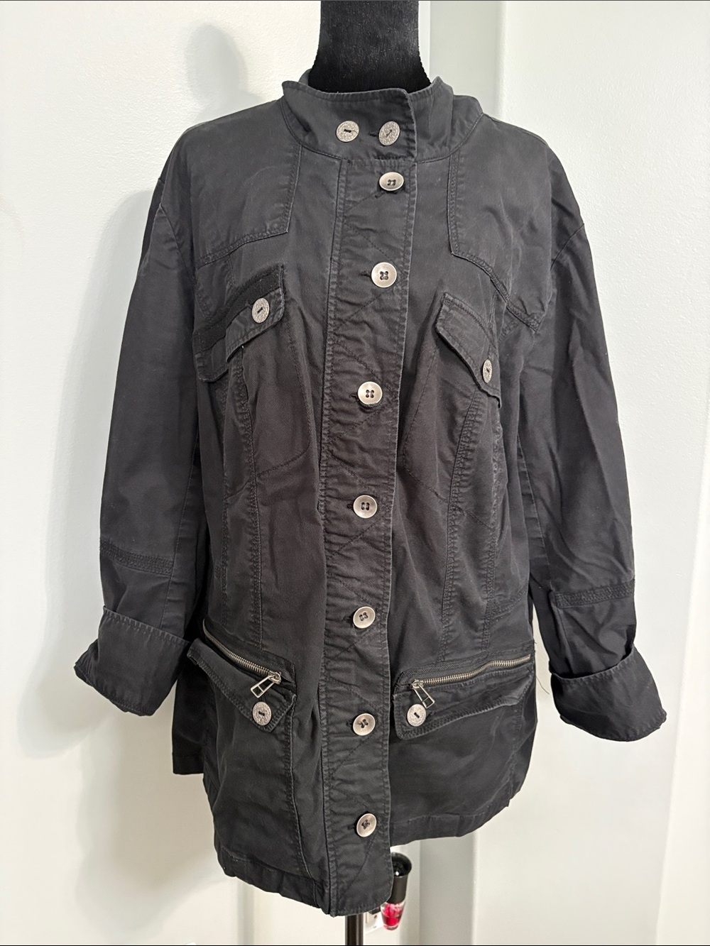 MXM Black Button-Front Utility Jacket with Zip Pockets